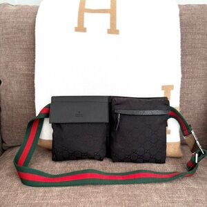 Gucci authentic belt bag Fanny pack bum bag black monogram canvas red strap